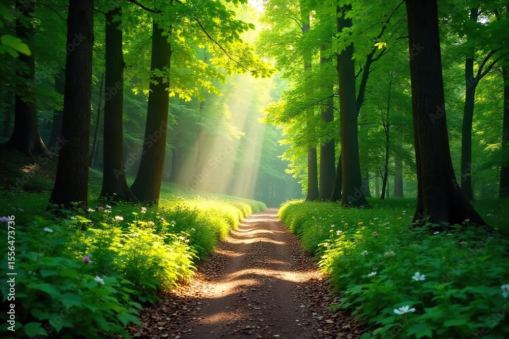 Obraz premium Sun-Dappled Forest Path A Tranquil Summer Escape Through Lush Greenery