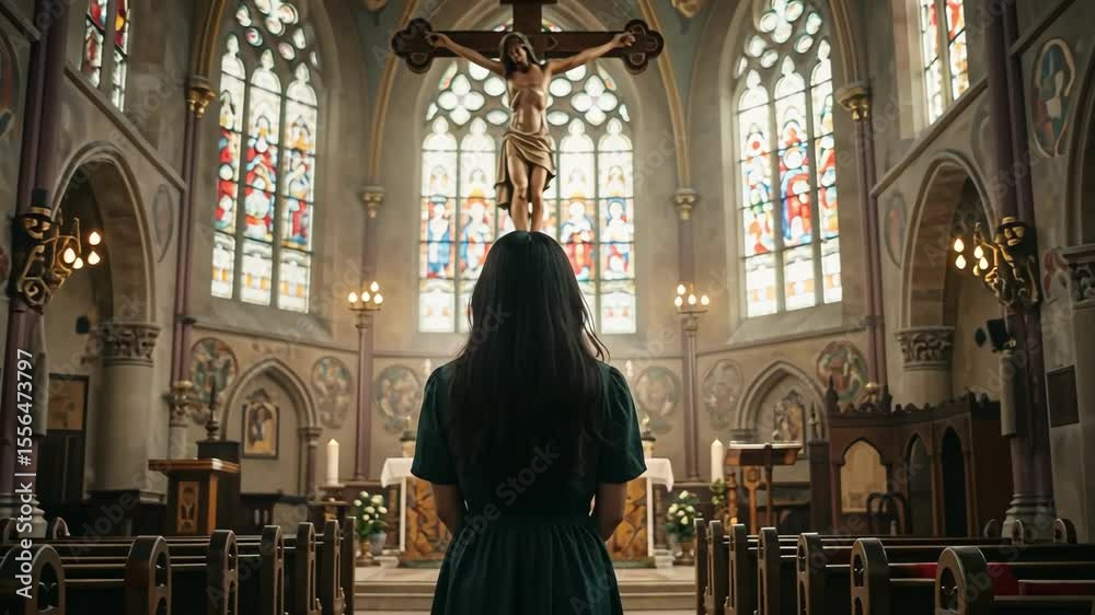 Woman in church looking at crucifix with stained glass windows Woman in church looking at crucifix with stained glass windows