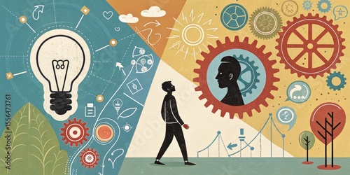 Man Walking Towards Idea and Innovation Abstract Illustration with Gears, Lightbulb and Conceptual Design Elements, illustration, innovation Innovation, Idea Generation