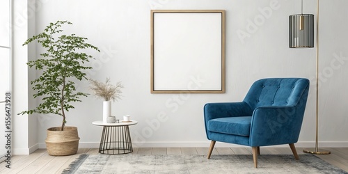 Minimalist Living Room Mockup Blue Armchair, Vertical Frame, Plant, Modern Decor, interior design, home decor interior design, mockup
