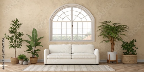 Minimalist Living Room Design White Sofa, Arch Window, Greenery, Beige Walls, 3D Render, Interior Design,Home Decor Interior design