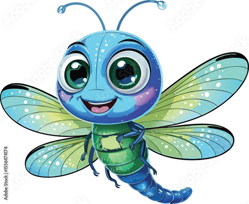 Adorable cartoon dragonfly with big eyes smiling and spread wings in playful illustration