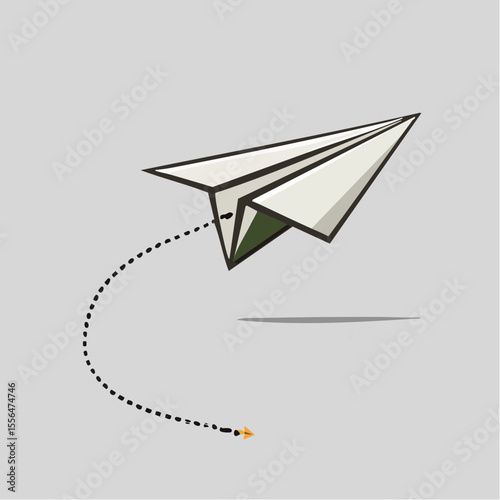 A single paper airplane mid-flight with a dashed trail behind it
