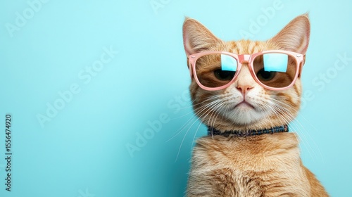 Orange tabby cat wearing pink sunglasses and a blue collar on a turquoise background, perfect for playful pet content, summer campaigns, and creative branding visuals