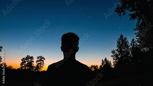 Silhouette of person looking at night sky with trees and stars
