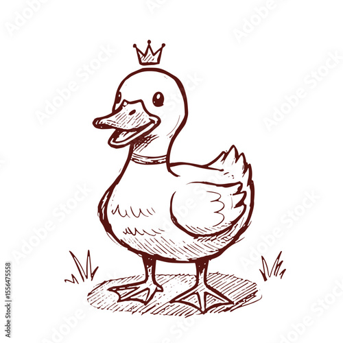 Cartoon duck smiling with a crown standing on grass  