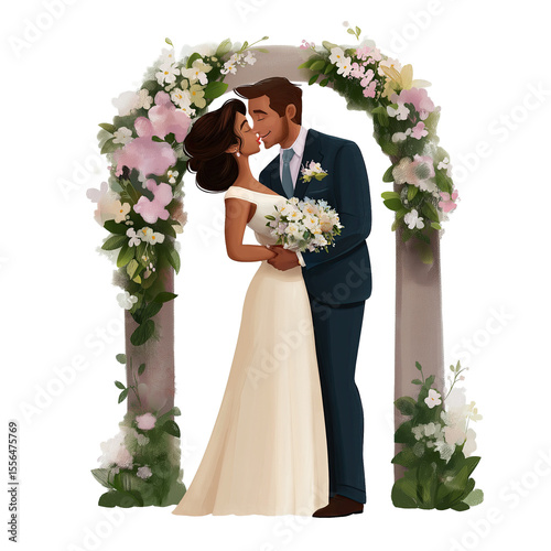 Hispanic bride and groom standing and kissing under a floral alter, vector style illustration, isolated on white or transparent background