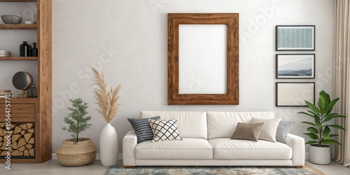 Modern Living Room Mockup Beige Sofa, Wooden Frame, Scandinavian Decor, Neutral Palette Living room, mockup, interior design