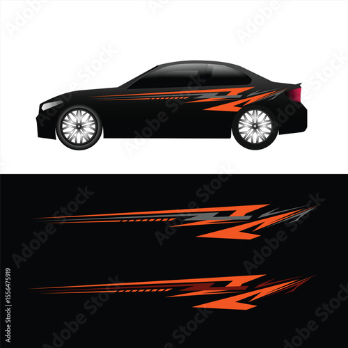 Aggressive and dynamic car livery decal with sharp orange and gray elements on a black body.