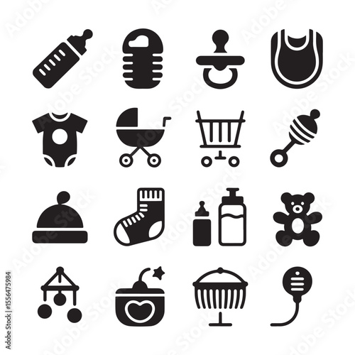 Black baby icons including bottle pacifier bib onesie stroller shopping cart rattle hat sock teddy bear crib mobile and more