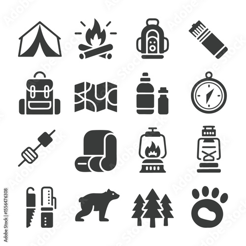 Camping and outdoor adventure icons including tent campfire backpack compass bear and trees vector
