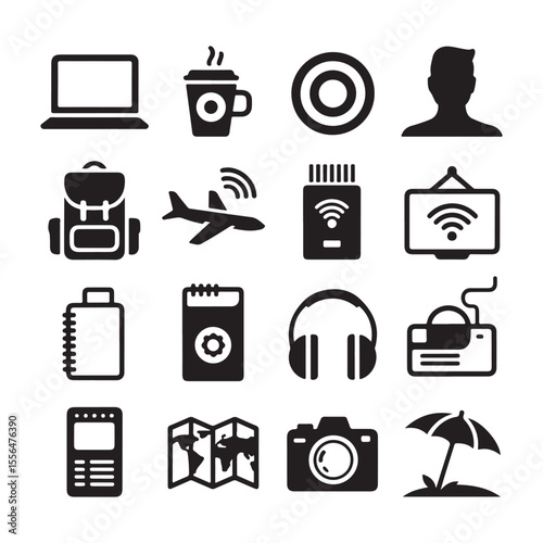 Collection of black travel and technology icons on white background laptop coffee cup