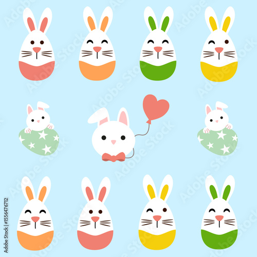 Seamless pattern cute easter rabbits with eggs and flowers, color pastel.