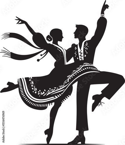 Silhouettes of dancers clad in ornate traditional garments gracefully performing a cultural choreography, illustrating movement, harmony, and the art of folk dancing.