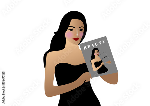 Woman with magazine in hand, beauty magazine, brunette with blush on cheeks, business woman