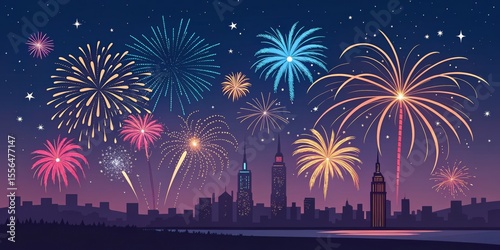 Night City Fireworks Display Illustration, Colorful Explosions, Urban Landscape, New York Skyline fireworks, cityscape