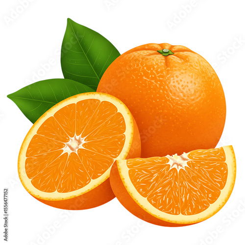 Fresh oranges whole and sliced with green leaves isolated on transparent background isolated on white background