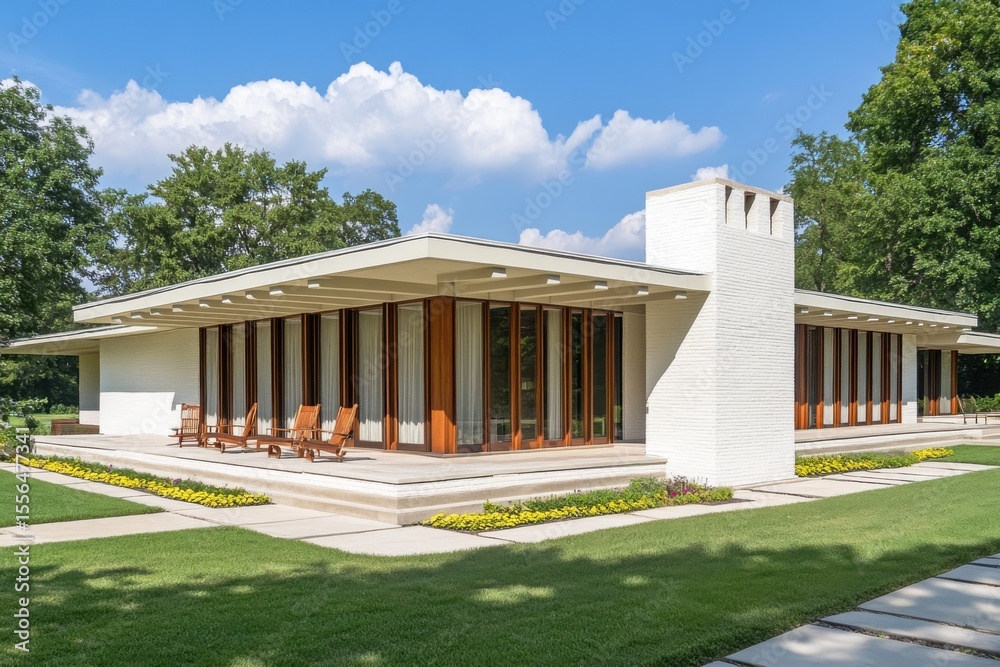 Obraz premium Modern architectural masterpiece showcases minimalist design in a serene landscape with lush greenery and bright sky on a sunny afternoon