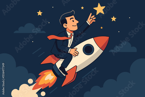 Ambitious businessman riding rocket reaching for stars, success leadership career growth concept, business achievement, motivation, ambition, opportunity, vector cartoon illustration, night sky