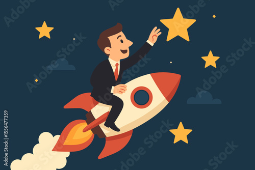 Ambitious businessman in suit riding rocket reaching for stars, leadership, success, career growth, achievement, motivation, aspiration, business startup concept, vector cartoon illustration