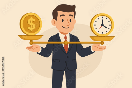 Businessman Balancing Time and Money on Scales, Work Life Balance Concept, Financial Management, Productivity, Decision Making, Vector Illustration, Corporate Success, Career Choices