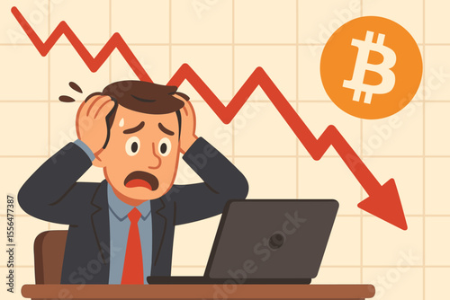 Worried investor watching bitcoin price crash on laptop. Cryptocurrency market collapse, financial loss, panic selling, digital currency downturn, economic crisis, bearish trend, cartoon vector