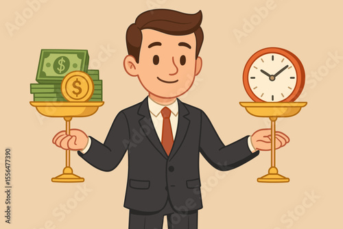 Businessman Balancing Scales with Money and Clock, Concept of Time Management, Work Life Balance, Financial Success, Productivity, Career Choices, Decision Making, Vector Cartoon Illustration