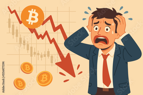 Bitcoin Price Crash and Volatility Illustration, Stressed Investor Facing Huge Losses in Cryptocurrency Market, Financial Crisis, Crypto Downtrend Concept Vector Cartoon