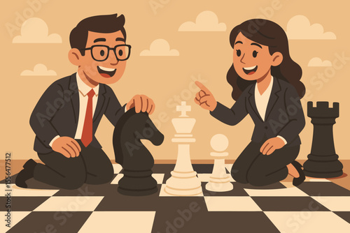 Business strategy teamwork concept. Businessman and businesswoman planning tactics on giant chessboard. Competition, leadership, decision making, partnership, corporate challenge. Vector illustration