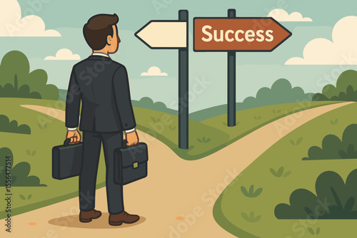 Businessman stands at crossroads making career choice, choosing path to success. Decision making, opportunity, business journey, leadership, motivation, direction, vector cartoon illustration