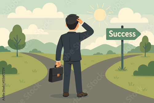 Businessman facing crossroads making career decision, choosing path to success, opportunity or challenge, business motivation, leadership, direction, vector illustration, personal growth concept