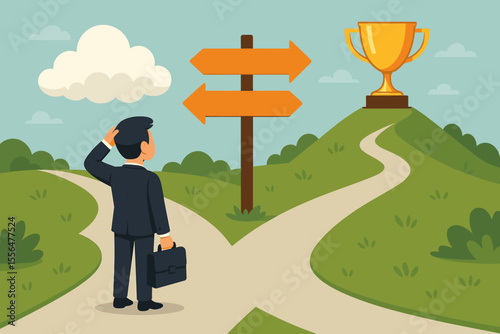 Businessman at Crossroads Making Career Decision, Choosing Path to Success, Opportunity or Challenge. Concept of Business Choices, Direction, Leadership, Achievement, Professional Growth, Motivation