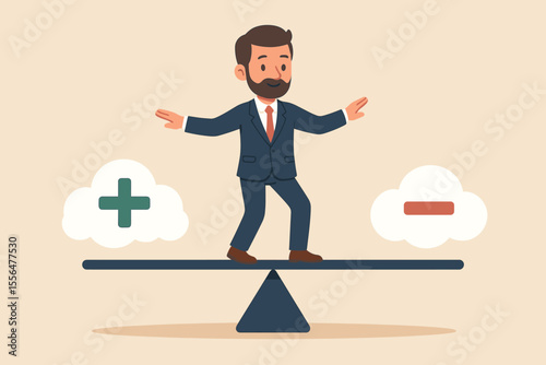 Businessman balancing on seesaw between positive and negative thoughts, mental health equilibrium, decision making, risk management, psychological balance, stress control, vector illustration