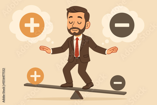 Businessman balancing on seesaw with positive and negative signs, mental health equilibrium, decision making, pros and cons, emotional balance, psychology concept, vector illustration