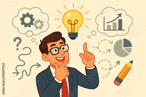 Businessman brainstorming creative ideas and solutions, analytical thinking process, innovation, problem solving, strategy planning, decision making, vector cartoon illustration, business concept