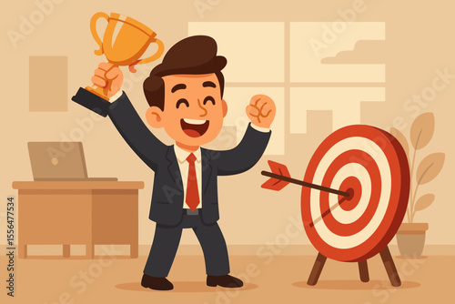 Businessman celebrating achievement, holding trophy, hitting bullseye target with arrow, concept of business success, career victory, goal accomplishment, motivation in office vector illustration