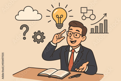 Businessman brainstorming creative solutions and innovative ideas at desk. Analytical thinking process, decision making, growth strategy, planning. Vector cartoon concept with business icons