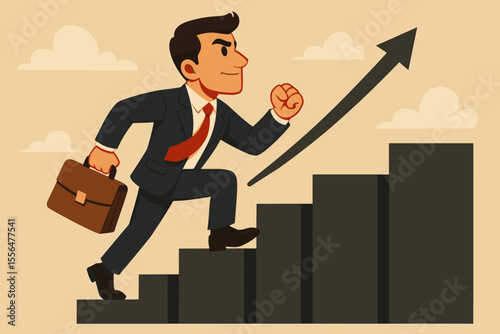 Ambitious businessman climbing career ladder with briefcase, determined to achieve professional growth, success, upward progress, business development, leadership, opportunity, vector illustration