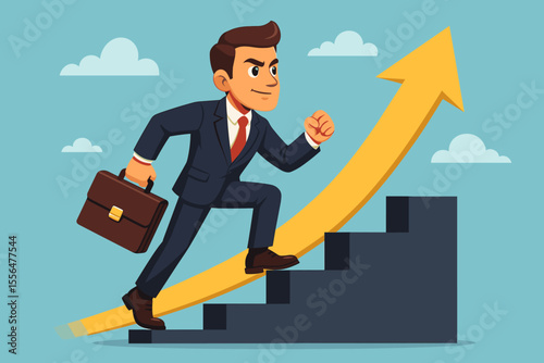 Ambitious businessman climbing career ladder with briefcase, determined to achieve professional success and growth, upward arrow graph, corporate progress concept, vector cartoon illustration