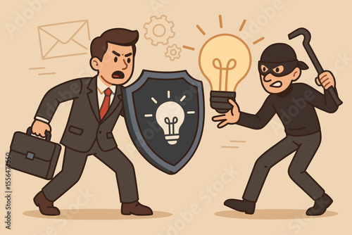 Intellectual Property Protection Concept. Businessman Defends Idea Against Thief. Innovation Security, Copyright Infringement, Idea Theft Prevention, Legal Protection. Vector Cartoon Illustration