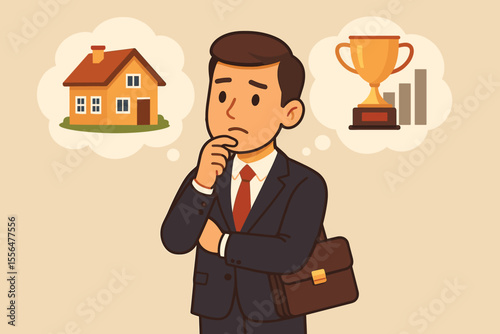 Thoughtful businessman dilemma choosing between homeownership and career success. Concept decision making, work life balance, career goals, personal priorities. Vector cartoon illustration