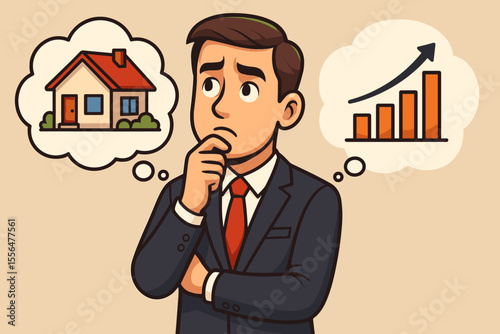 Businessman thinking about buying a house and achieving financial growth. Real estate investment, property ownership, career success, financial planning. Vector cartoon concept illustration.