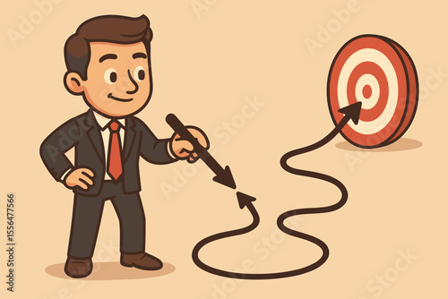 Cartoon businessman drawing winding arrow path to bullseye target, symbolizing strategic planning, business goal achievement, leadership, problem solving, success strategy, vector illustration