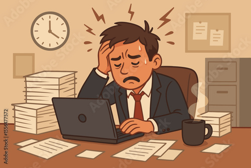 Overworked businessman stressed at office desk with paperwork, burnout, deadline pressure, mental fatigue, corporate stress, cartoon vector illustration, workplace anxiety, time management crisis