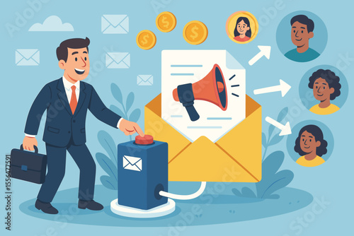 Businessman launching email marketing campaign, direct digital advertising, sending promotional messages to targeted customers, online communication strategy, vector illustration concept