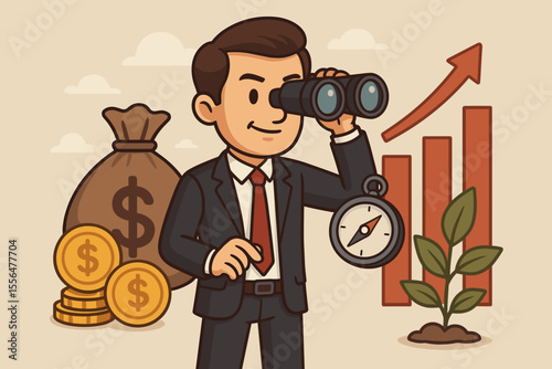 Cartoon businessman searching investment opportunities with binoculars and compass, financial growth, money bag, coins, bar chart, strategy, planning, business success, vector illustration
