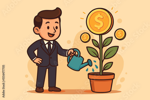 Cartoon businessman in suit watering money tree plant with gold coins, symbolizing financial growth, investment, wealth management, profit success, business prosperity, and economic development