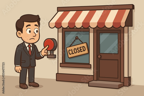 Cartoon businessman pressing red stop button to close small business shop, bankruptcy, financial crisis, store closure, economic downturn, business failure, closed sign, vector illustration