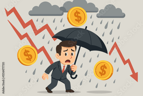 Worried businessman holding umbrella protecting investments from economic downturn, falling stock market, financial crisis, dollar coins, rain, recession, risk management, cartoon vector illustration