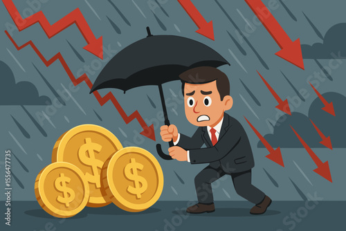 Worried businessman shielding gold dollar coins with umbrella during financial crisis, stock market crash, economic downturn, falling red arrows, investment protection, cartoon vector illustration